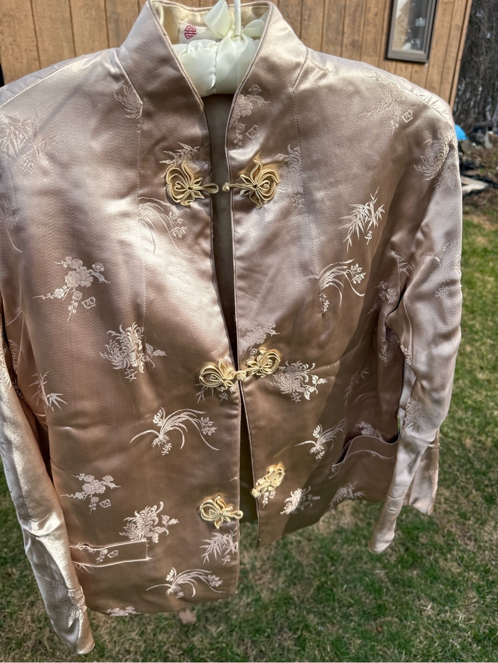 Women's Satin Mandarin-Style Jacket in Champagne with black matching pants